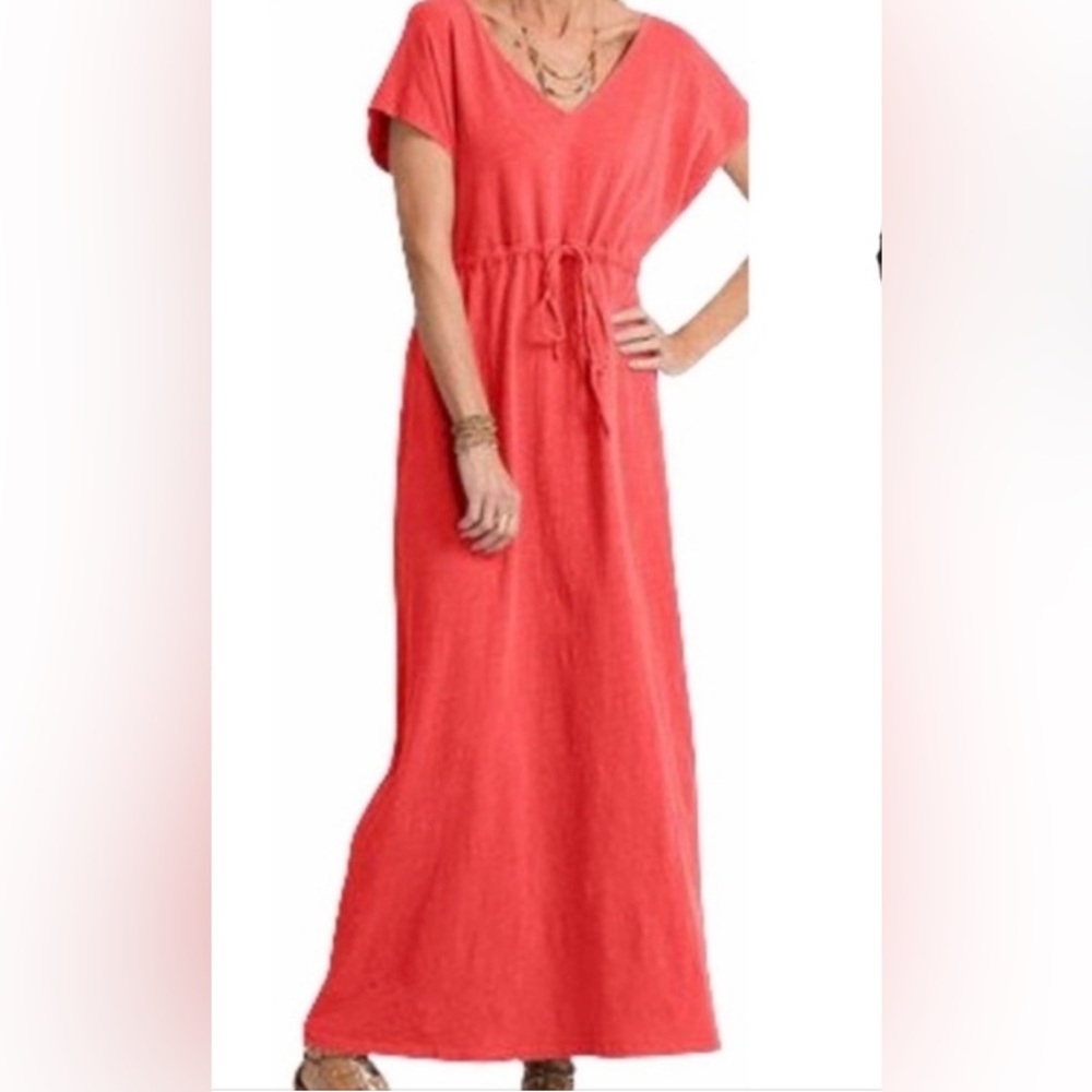 fresh produce Coral V-Neck Maxi Dress with Tie Waist